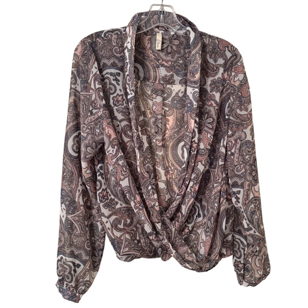 Elan Sheer Blouse Womens Size Large Paisley Faux Wrap top career office flowy